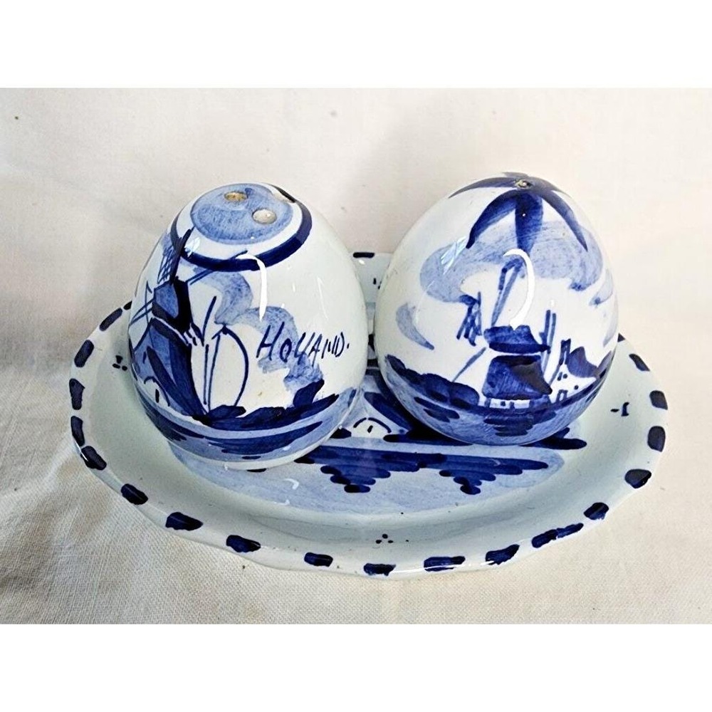 VTG Set Of 3 Ceramic Delft Holland Salt & Pepper Shaker With Tray Blue Windmill